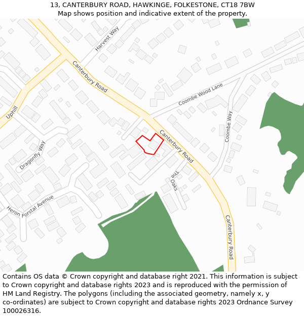 13, CANTERBURY ROAD, HAWKINGE, FOLKESTONE, CT18 7BW: Location map and indicative extent of plot