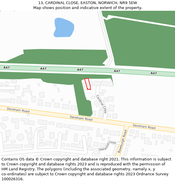 13, CARDINAL CLOSE, EASTON, NORWICH, NR9 5EW: Location map and indicative extent of plot