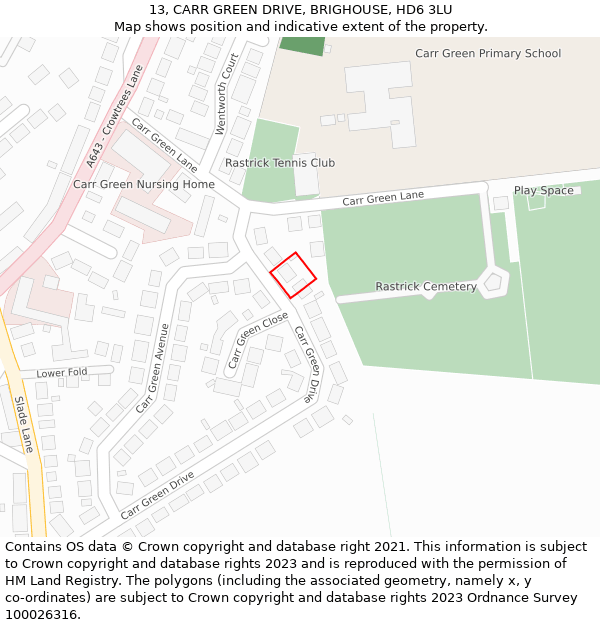 13, CARR GREEN DRIVE, BRIGHOUSE, HD6 3LU: Location map and indicative extent of plot