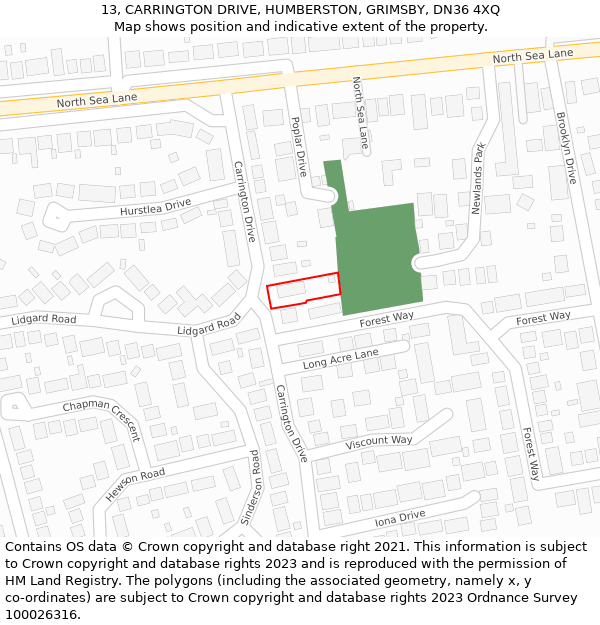 13, CARRINGTON DRIVE, HUMBERSTON, GRIMSBY, DN36 4XQ: Location map and indicative extent of plot