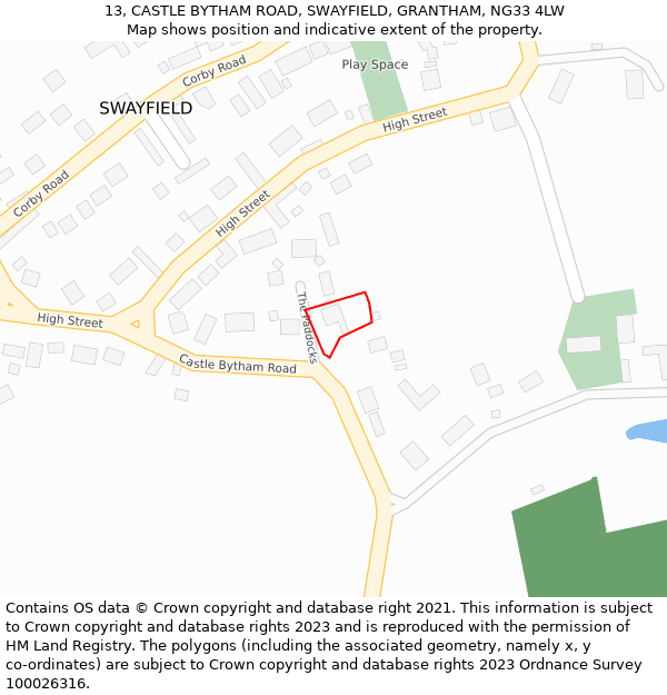 13, CASTLE BYTHAM ROAD, SWAYFIELD, GRANTHAM, NG33 4LW: Location map and indicative extent of plot