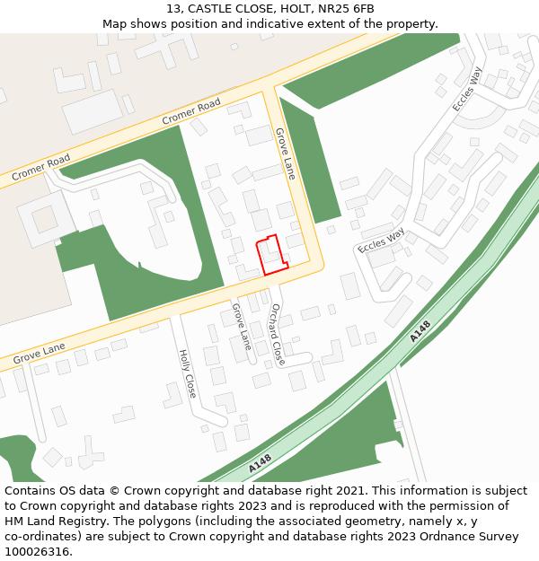 13, CASTLE CLOSE, HOLT, NR25 6FB: Location map and indicative extent of plot