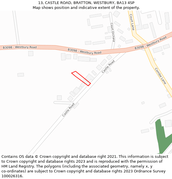 13, CASTLE ROAD, BRATTON, WESTBURY, BA13 4SP: Location map and indicative extent of plot
