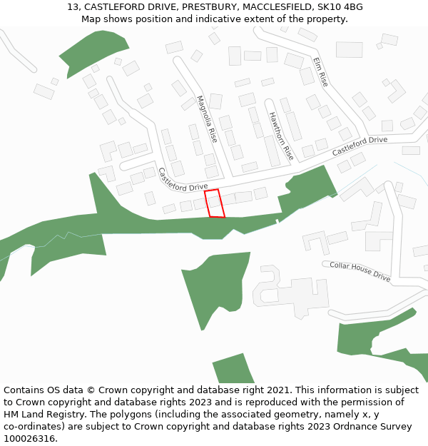 13, CASTLEFORD DRIVE, PRESTBURY, MACCLESFIELD, SK10 4BG: Location map and indicative extent of plot