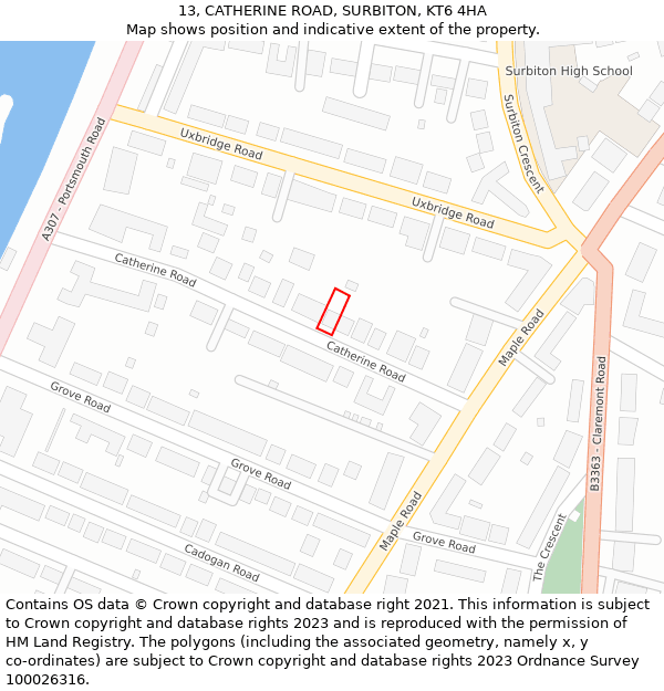 13, CATHERINE ROAD, SURBITON, KT6 4HA: Location map and indicative extent of plot