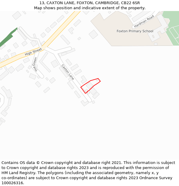 13, CAXTON LANE, FOXTON, CAMBRIDGE, CB22 6SR: Location map and indicative extent of plot