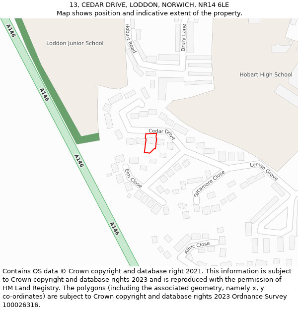 13, CEDAR DRIVE, LODDON, NORWICH, NR14 6LE: Location map and indicative extent of plot