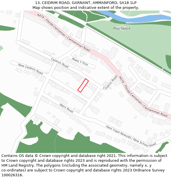 13, CEIDRIM ROAD, GARNANT, AMMANFORD, SA18 1LP: Location map and indicative extent of plot