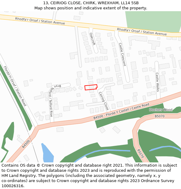 13, CEIRIOG CLOSE, CHIRK, WREXHAM, LL14 5SB: Location map and indicative extent of plot