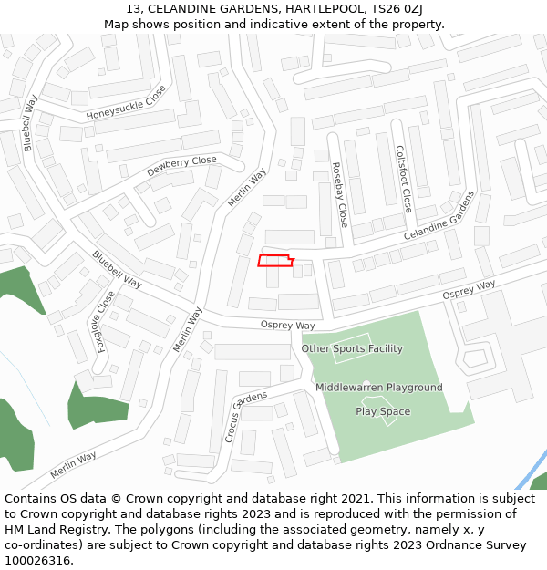 13, CELANDINE GARDENS, HARTLEPOOL, TS26 0ZJ: Location map and indicative extent of plot