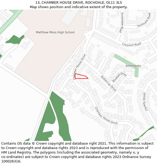 13, CHAMBER HOUSE DRIVE, ROCHDALE, OL11 3LS: Location map and indicative extent of plot