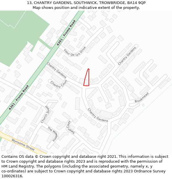 13, CHANTRY GARDENS, SOUTHWICK, TROWBRIDGE, BA14 9QP: Location map and indicative extent of plot