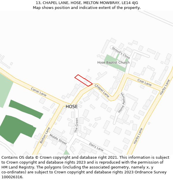 13, CHAPEL LANE, HOSE, MELTON MOWBRAY, LE14 4JG: Location map and indicative extent of plot