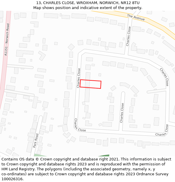 13, CHARLES CLOSE, WROXHAM, NORWICH, NR12 8TU: Location map and indicative extent of plot