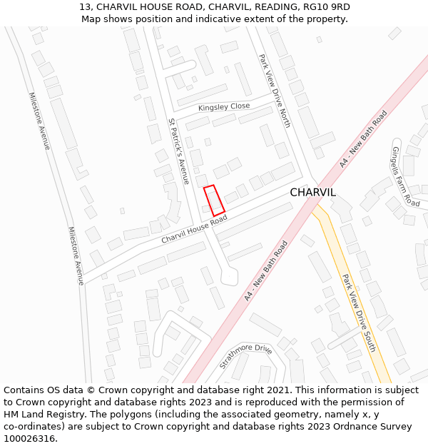 13, CHARVIL HOUSE ROAD, CHARVIL, READING, RG10 9RD: Location map and indicative extent of plot