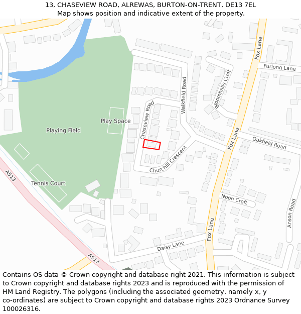 13, CHASEVIEW ROAD, ALREWAS, BURTON-ON-TRENT, DE13 7EL: Location map and indicative extent of plot