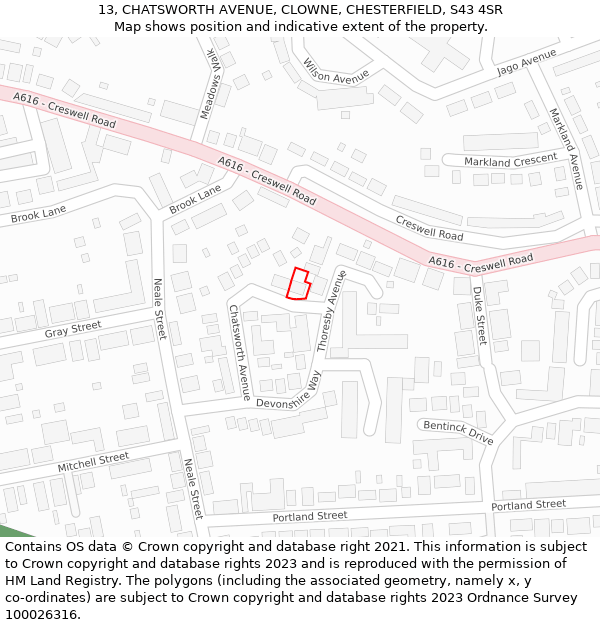 13, CHATSWORTH AVENUE, CLOWNE, CHESTERFIELD, S43 4SR: Location map and indicative extent of plot