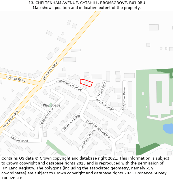 13, CHELTENHAM AVENUE, CATSHILL, BROMSGROVE, B61 0RU: Location map and indicative extent of plot