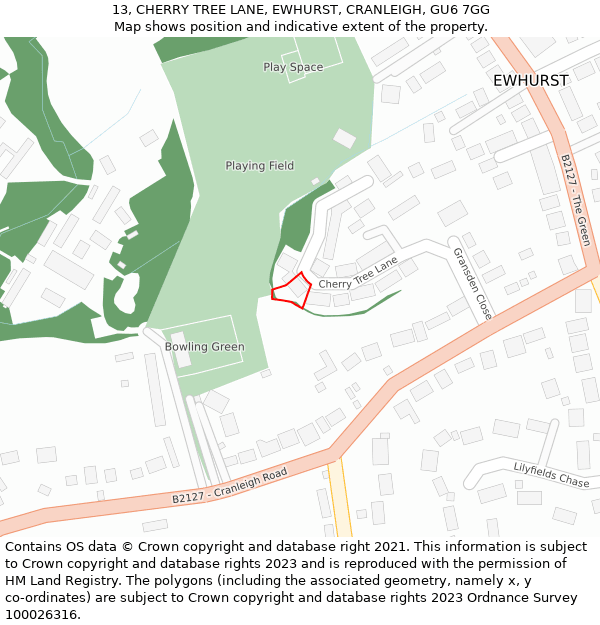 13, CHERRY TREE LANE, EWHURST, CRANLEIGH, GU6 7GG: Location map and indicative extent of plot