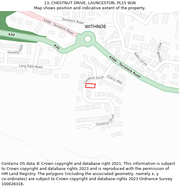 13, CHESTNUT DRIVE, LAUNCESTON, PL15 9GN: Location map and indicative extent of plot