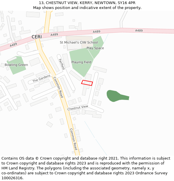 13, CHESTNUT VIEW, KERRY, NEWTOWN, SY16 4PR: Location map and indicative extent of plot