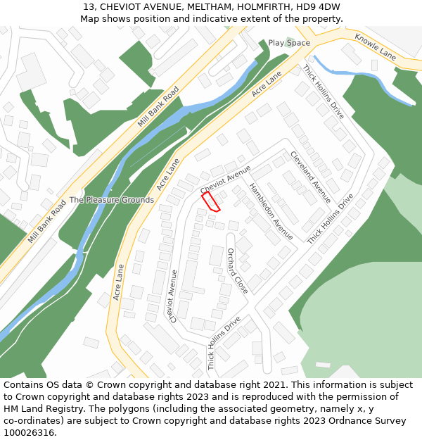 13, CHEVIOT AVENUE, MELTHAM, HOLMFIRTH, HD9 4DW: Location map and indicative extent of plot