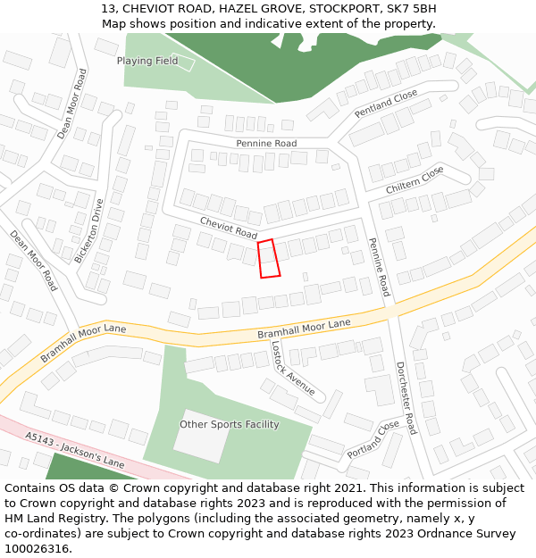 13, CHEVIOT ROAD, HAZEL GROVE, STOCKPORT, SK7 5BH: Location map and indicative extent of plot