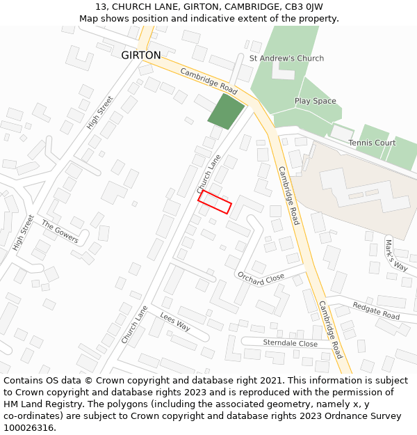 13, CHURCH LANE, GIRTON, CAMBRIDGE, CB3 0JW: Location map and indicative extent of plot