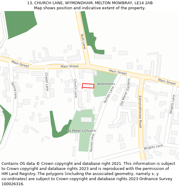 13, CHURCH LANE, WYMONDHAM, MELTON MOWBRAY, LE14 2AB: Location map and indicative extent of plot