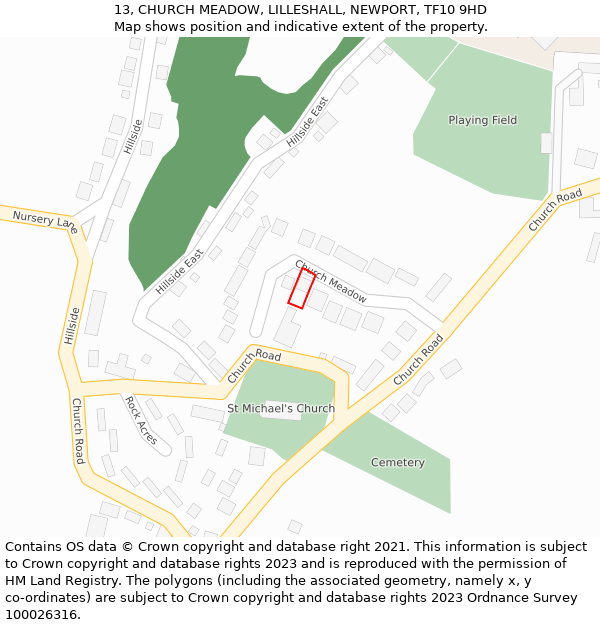 13, CHURCH MEADOW, LILLESHALL, NEWPORT, TF10 9HD: Location map and indicative extent of plot