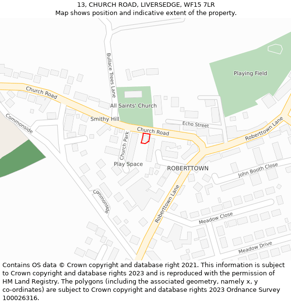 13, CHURCH ROAD, LIVERSEDGE, WF15 7LR: Location map and indicative extent of plot