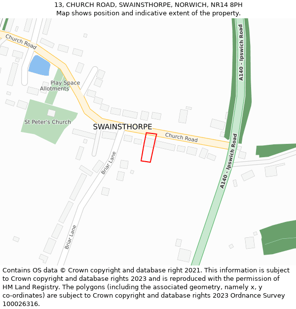 13, CHURCH ROAD, SWAINSTHORPE, NORWICH, NR14 8PH: Location map and indicative extent of plot