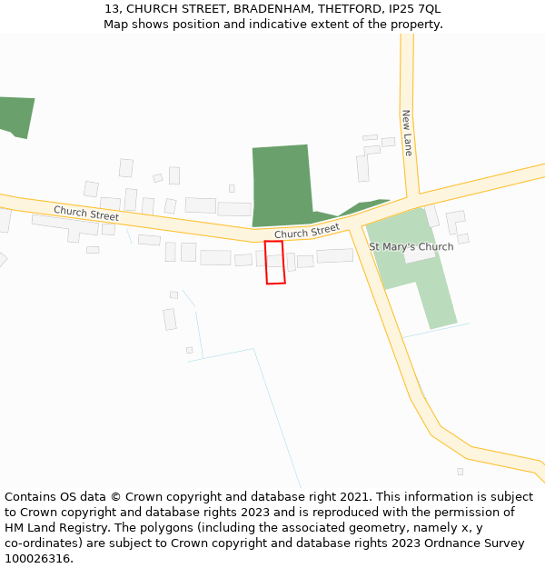 13, CHURCH STREET, BRADENHAM, THETFORD, IP25 7QL: Location map and indicative extent of plot