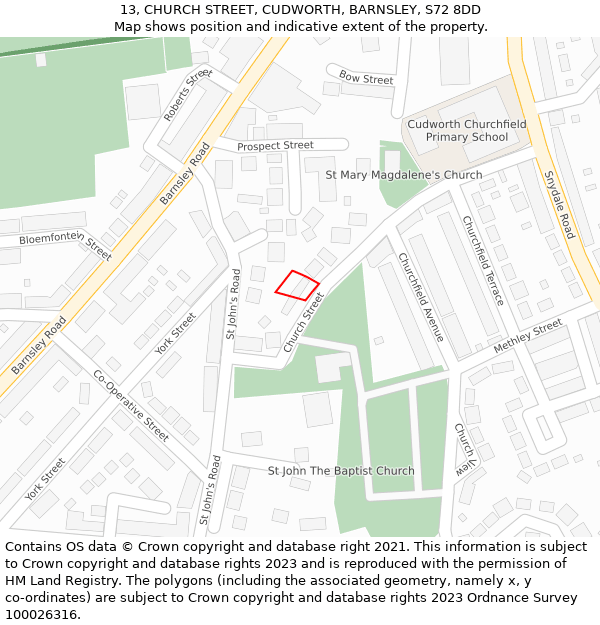 13, CHURCH STREET, CUDWORTH, BARNSLEY, S72 8DD: Location map and indicative extent of plot
