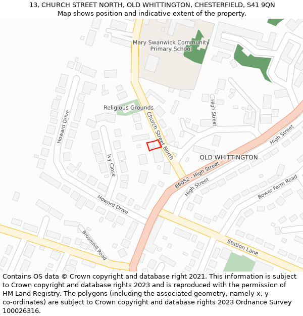 13, CHURCH STREET NORTH, OLD WHITTINGTON, CHESTERFIELD, S41 9QN: Location map and indicative extent of plot