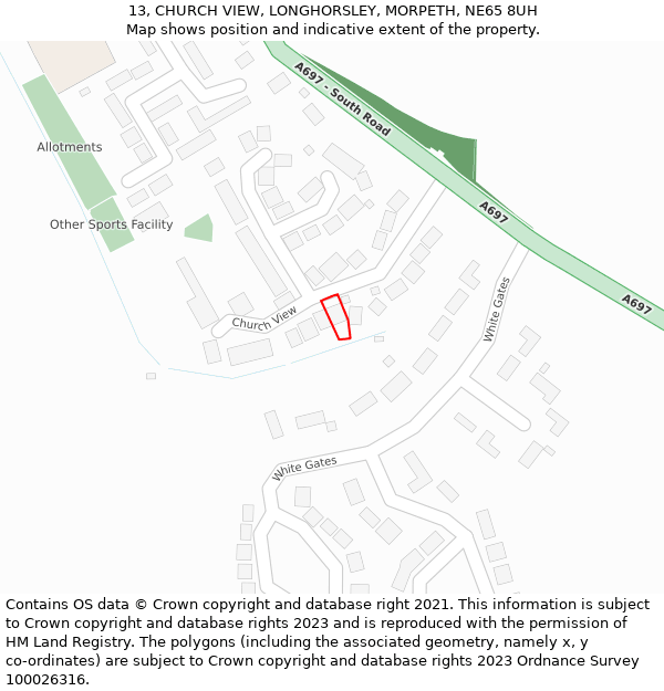 13, CHURCH VIEW, LONGHORSLEY, MORPETH, NE65 8UH: Location map and indicative extent of plot