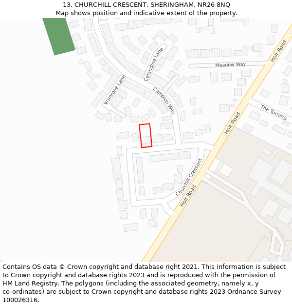 13, CHURCHILL CRESCENT, SHERINGHAM, NR26 8NQ: Location map and indicative extent of plot