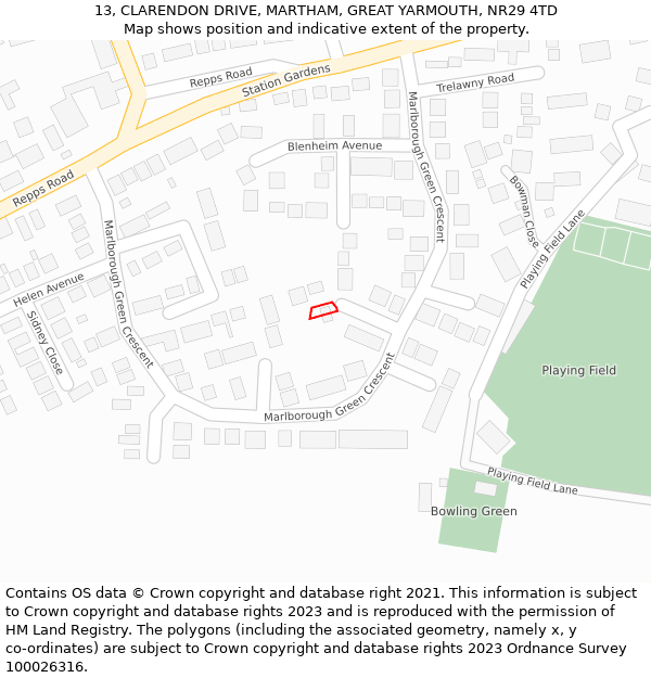 13, CLARENDON DRIVE, MARTHAM, GREAT YARMOUTH, NR29 4TD: Location map and indicative extent of plot