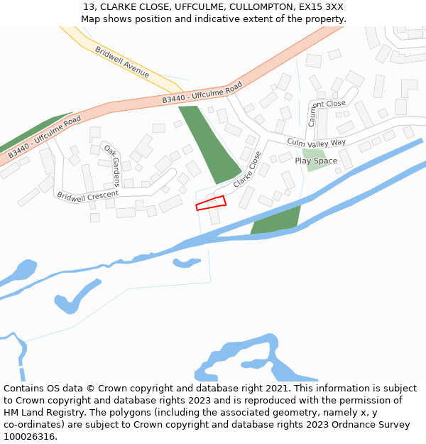 13, CLARKE CLOSE, UFFCULME, CULLOMPTON, EX15 3XX: Location map and indicative extent of plot