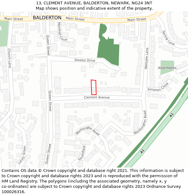 13, CLEMENT AVENUE, BALDERTON, NEWARK, NG24 3NT: Location map and indicative extent of plot
