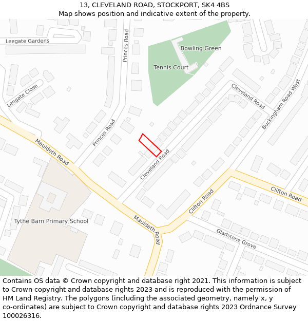 13, CLEVELAND ROAD, STOCKPORT, SK4 4BS: Location map and indicative extent of plot