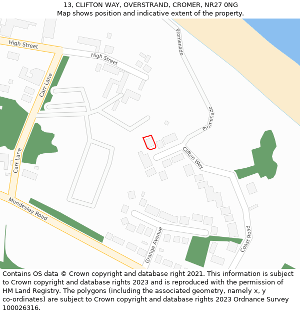 13, CLIFTON WAY, OVERSTRAND, CROMER, NR27 0NG: Location map and indicative extent of plot