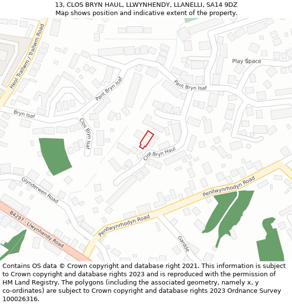 13, CLOS BRYN HAUL, LLWYNHENDY, LLANELLI, SA14 9DZ: Location map and indicative extent of plot