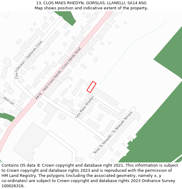 13, CLOS MAES RHEDYN, GORSLAS, LLANELLI, SA14 6SG: Location map and indicative extent of plot