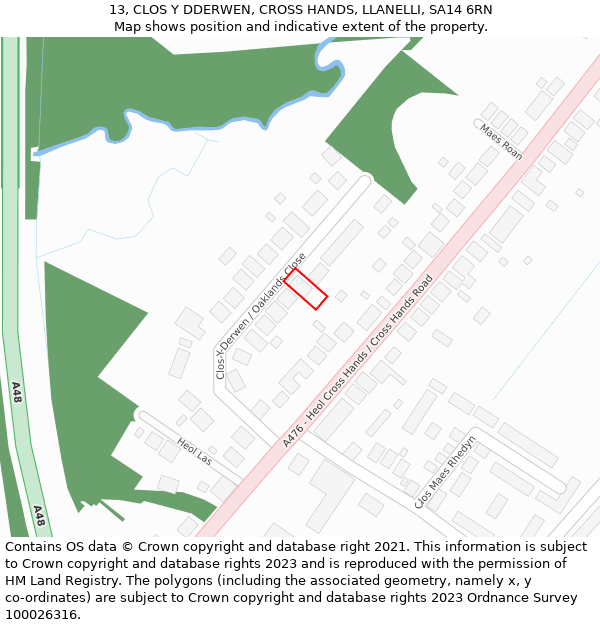 13, CLOS Y DDERWEN, CROSS HANDS, LLANELLI, SA14 6RN: Location map and indicative extent of plot