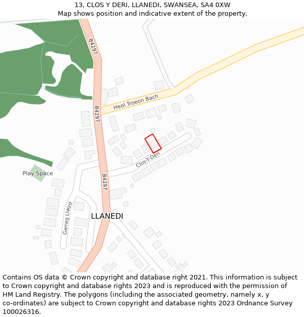 13, CLOS Y DERI, LLANEDI, SWANSEA, SA4 0XW: Location map and indicative extent of plot