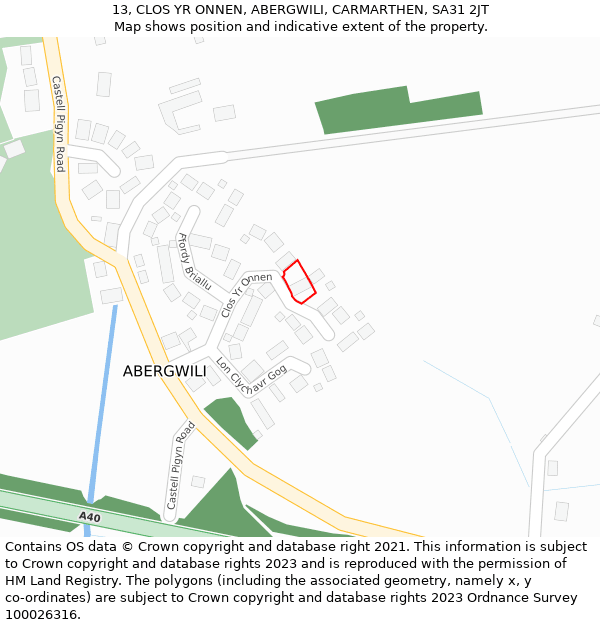 13, CLOS YR ONNEN, ABERGWILI, CARMARTHEN, SA31 2JT: Location map and indicative extent of plot