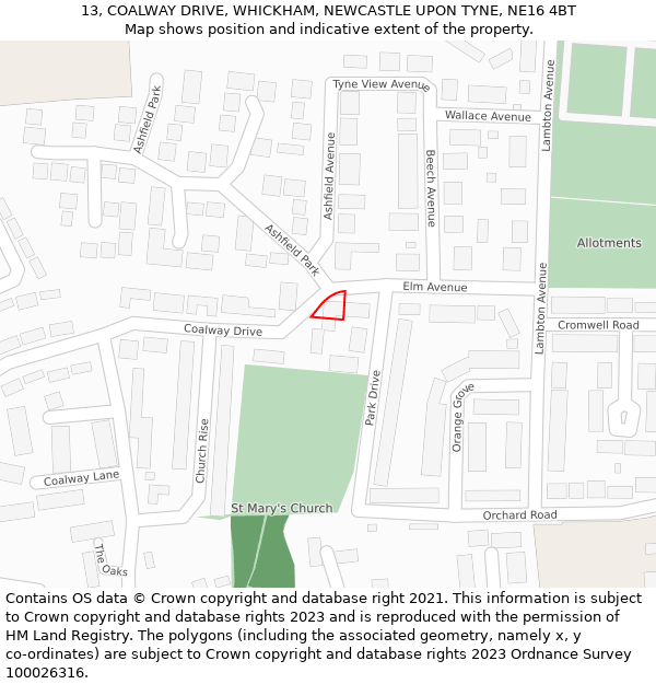 13, COALWAY DRIVE, WHICKHAM, NEWCASTLE UPON TYNE, NE16 4BT: Location map and indicative extent of plot