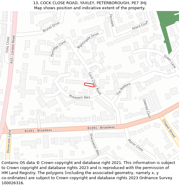 13, COCK CLOSE ROAD, YAXLEY, PETERBOROUGH, PE7 3HJ: Location map and indicative extent of plot