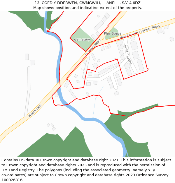 13, COED Y DDERWEN, CWMGWILI, LLANELLI, SA14 6DZ: Location map and indicative extent of plot